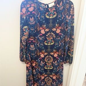 Navy Blue Floral Print Long Sleeve Midi Dress